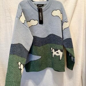 Vamtac Vintage Inspired Oversized Cow Landscape Graphic Knit Blue/Green Sweater